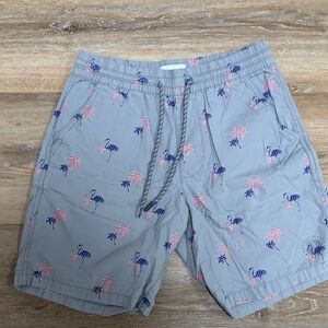 Denim & Flower Gray Shorts with Flamingo Design